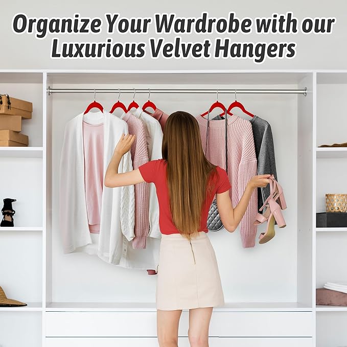 Velvet Hangers 50 Pack β Slim Non-Slip Flocked Hangers with 360Β° Swivel Hook, Space-Saving Closet Organizer for Dresses, Blouses, Coats(Red)