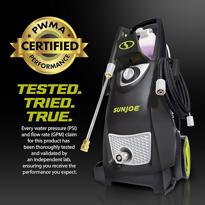 Sun Joe Electric Pressure Power Washer, Heavy-Duty 2500 Max PSI (2030 PSI PWMA Rated), Cleaning Machine for Patios, Decks, & Sidewalks, Safety First GFCI Power Cord, w/Dual Soap Tanks, SPX3000