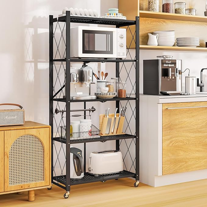 5-Tier Folding Metal Storage Shelf with Wheels, Heavy Duty Organizer Rack Holds 750 lbs, No Assembly Utility Shelving for Kitchen, Garage, Pantry, Living Room, Office (New Upgrade - Black, 5 Tier)