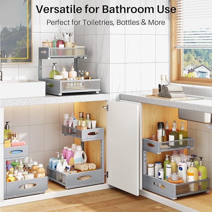 Under Sink Organizer, 2 Pack 2 Tier Pull Out Under Cabinet Organizer Shelf with Pad for Framed Cabinets, Metal Slide Out Under Sink Storage, Mesh Sliding Drawers for Kitchen Bathroom Laundry, Grey