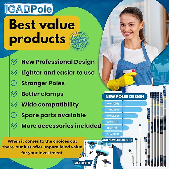 IGADPole 17 FT Water-Fed Washing Kit with Soap-Dispenser, Brush, 10″ Squeegee & Cobweb Duster for Windows, Gutters, Solar Panels & Exterior Walls