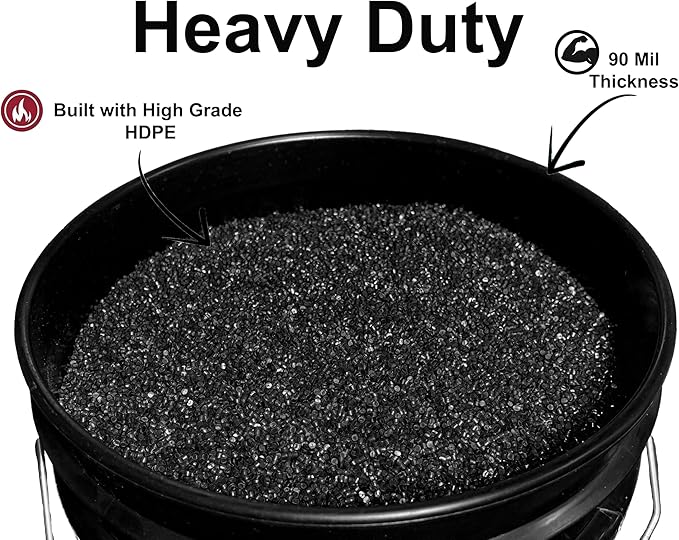 5-Gallon Bucket with Airtight Lid – Heavy-Duty Extra Durable Pail – Made in USA – Premium Quality HDPE – Food Grade – BPA Free – Metal Handle with Plastic Grip – Stackable – Multi-Use – Black, 3 Pack