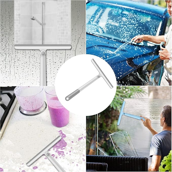 WONDAY Shower Squeegee for Glass Doors, 12" Long Handle Window Squeegee Cleaning Tool, Streak-Free Silicone Blade for Bathroom Mirror, High Windows, Car Windshield (Grey-2 Pack)