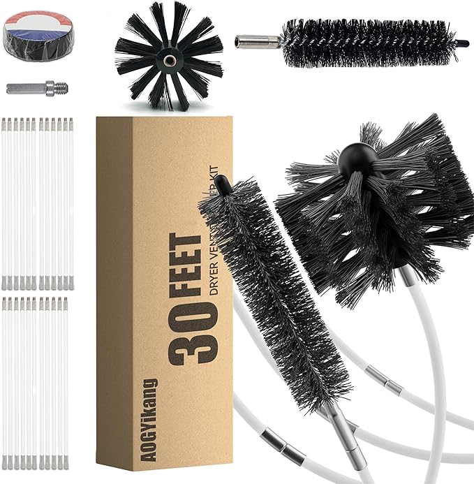 30 Feet Dryer Vent Cleaning Brush Kit, Multi-Scene Durability Chimney Brush with Flexible Nylon Rod, Multi-Purpose lint Cleaning Brush for Drill,Chimneys, fireplaces, Ventilation ducts