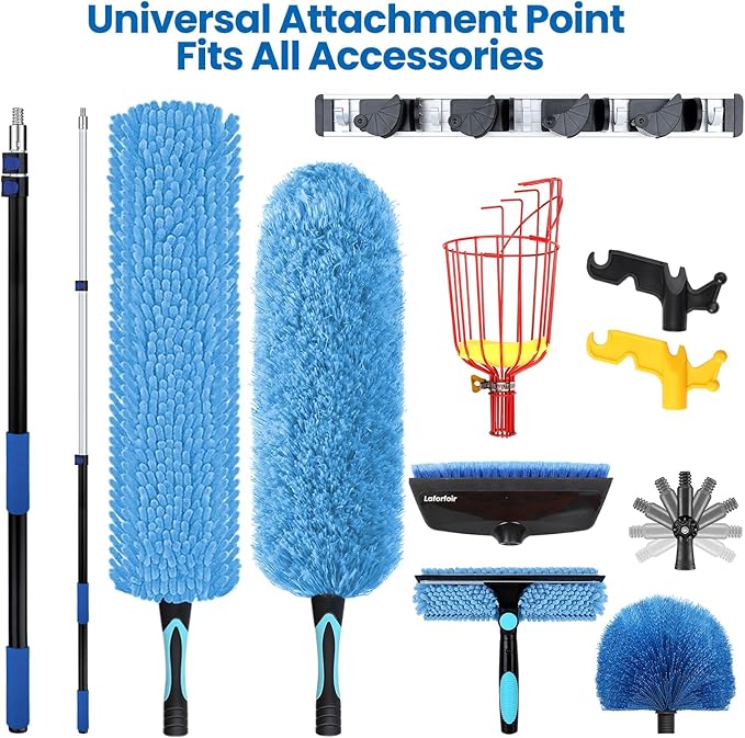 30ft High Ceiling Duster Kits with 5-24ft Heavy Duty Extension Pole - Fan Blade Cleaner, Cobweb Remover & Blue Window Squeegee Kit, Washable Dust Brush for High Roof and Glass Surfaces