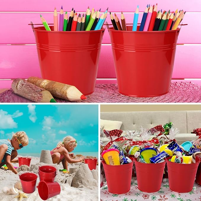15 Pack 5.1" Red Metal Bucket, Elegant Galvanized Buckets with Handles, Tin Buckets, Small Iron Bucket, Metal Pail for Party Favors, Crafts, Garden & Beach