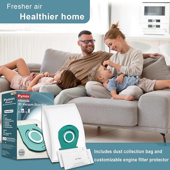 Pymin 12 Pack TU Vacuum Hoover Bags with 4 Exhaust Filters Compatible with Miele Pure TU Dust Bag for Guard L1/ S1 Junior/Silence/Allergy/Parquet XL/Flex/AllFloor/Cat/Dog/Comfort Series