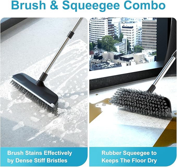 ITTAR Floor Scrub Brush with 55" Long Handle, 10" Wide Stiff Bristles Deck Brush, Stainsless Steel Pole Heavy-Duty Cleaning Brush, 2-in-1 Scrubber with Ruber Squeegee for Deck, Patio, Pool, Tile, Wall