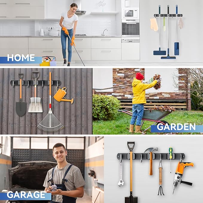 ZONGOOL Mop and Broom Holder Wall Mount, Broom Organizer Mop and Broom Storage Tool Racks Stainless Steel Wall Hanger for Home Kitchen Garden Laundry Garage (3 Racks with 4 Hooks, Black)