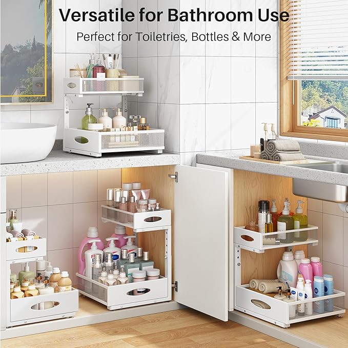 Under Sink Organizer, 2 Tier Pull Out Under Cabinet Organizer Shelf with Pad for Framed Cabinets, Metal Slide Out Under Sink Storage, Mesh Sliding Drawers for Kitchen Bathroom Laundry(White, 1 Pack)