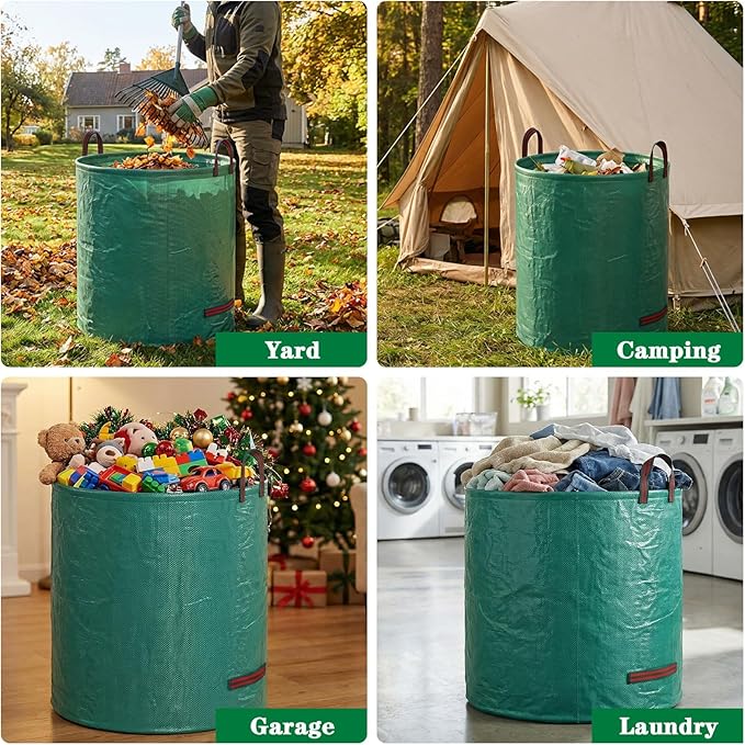 FEED GARDEN 72 Gallon Reusable Yard Waste Bags, 3 Pack Heavy Duty Lawn and Leaf Bags with 4 Reinforced Handles Stand Up for Leaves Grass Clippings Debris Includes Gardening Gloves