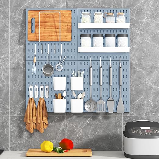 Peg Board Combination Kit, 4 Pegboards with 20 Accessories, Pegboard Wall Organizer for Office, Nursery & Home Storage, Key Holder, 25.6"x25.6" – Nail-Free Installation(Blue)