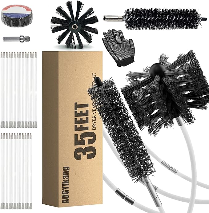 35 Feet Dryer Vent Cleaning Brush Kit, Multi-Scene Durability Chimney Brushes with Flexible Nylon Rod and Glove, Multi-Purpose lint Cleaning Brush for Drill, fireplaces, Ventilation ducts