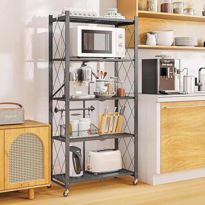 5-Tier Folding Metal Storage Shelf with Wheels, Heavy Duty Organizer Rack Holds 750 lbs, No Assembly Utility Shelving for Kitchen, Garage, Pantry, Living Room, Office (New Upgrade - Gray, 5 Tier)