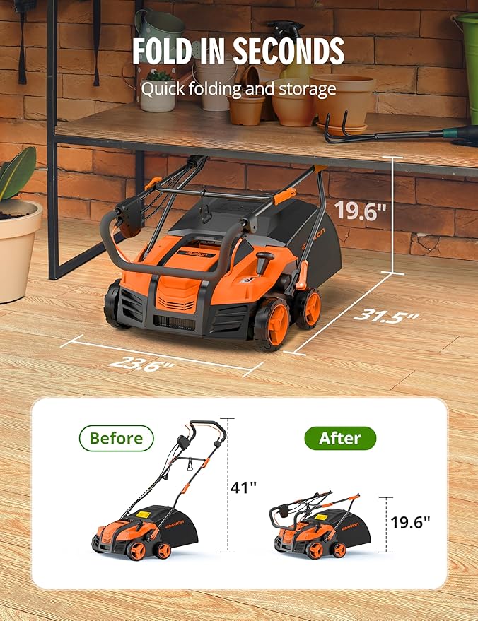 Aspiron 16” Artificial Turf Vacuum, 1800w Canister Vacuum Grass Sweeper 15 Amp Lawn Sweeper Yard Power Brush with 45L Removable Leaf Collection Bag, Quick-Fold, Keeps Clear Sweepy Box, Tangerine