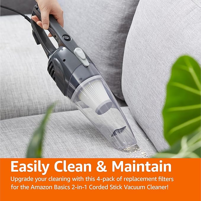 Amazon Basics Washable Replacement Filters 2-in-1 Corded Stick Vacuum Cleaner ONLY (not for Other Models), Pack of 4, White