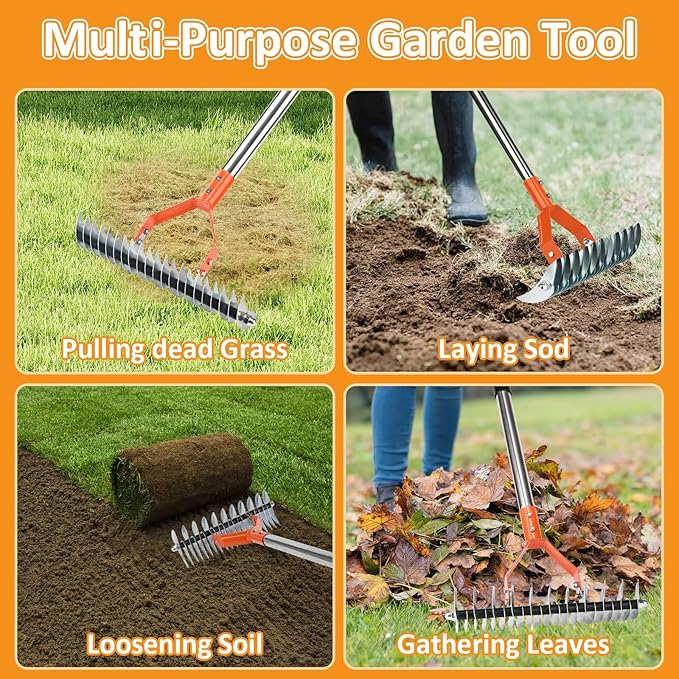 Thatch Rake -15 Inch Dethatcher Rake with Adjustable Handle, Efficient Steel Metal Gass Rakes with Handle,Heavy Duty Thatching Rakes for Lawn,Garden, Yard