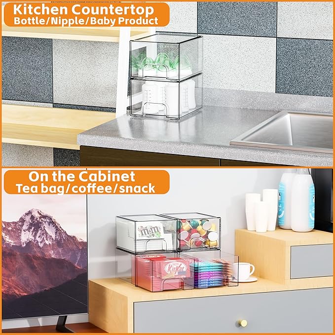 Yieach 4 Pack Clear Stackable Storage Drawers,4.4'' Tall Acrylic Drawer Containers for Organizing,Bathroom Organizers and Storage Bin Box,Plastic Makeup,Medicine Organizer Bins for Cabinet,Undersink