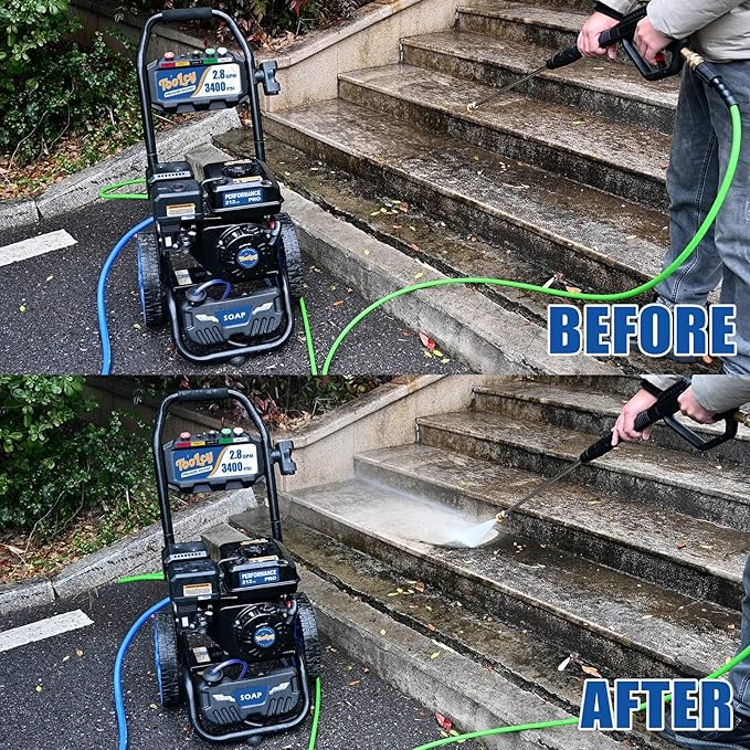 TOOLCY Gas Pressure Washer 3400 PSI & 2.8 GPM, High-Performance 212cc Engine, Reinforced Pump, 35FT Extended Power Hose, Kink-Less Swivel Gun with & 5 Nozzles, for Cars/Fences/Driveways/Homes/Patios