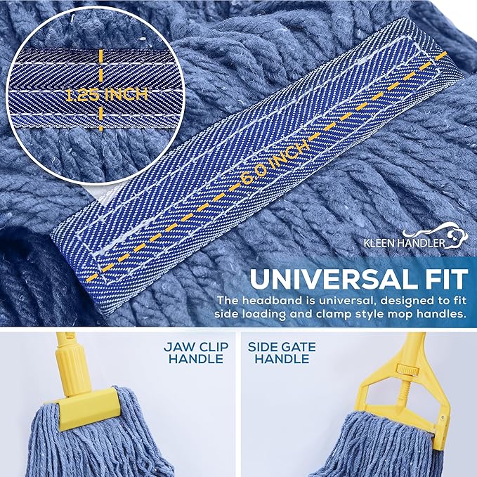 Pack of 3 Cut End Blended Mop Head Replacement, 1.25-inch Universal Headband, Wet Mop Refills, Blue, 16 Oz
