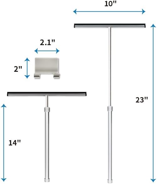 Shower Squeegee with Long Handle and Adhesive Hook. for Glass Doors, Tile Walls, Mirrors and Windows. Telescoping Squeegee for Cleaning. Bathroom Stainless Steel Squeegee, 10inch Wide, Chrome – 1pk