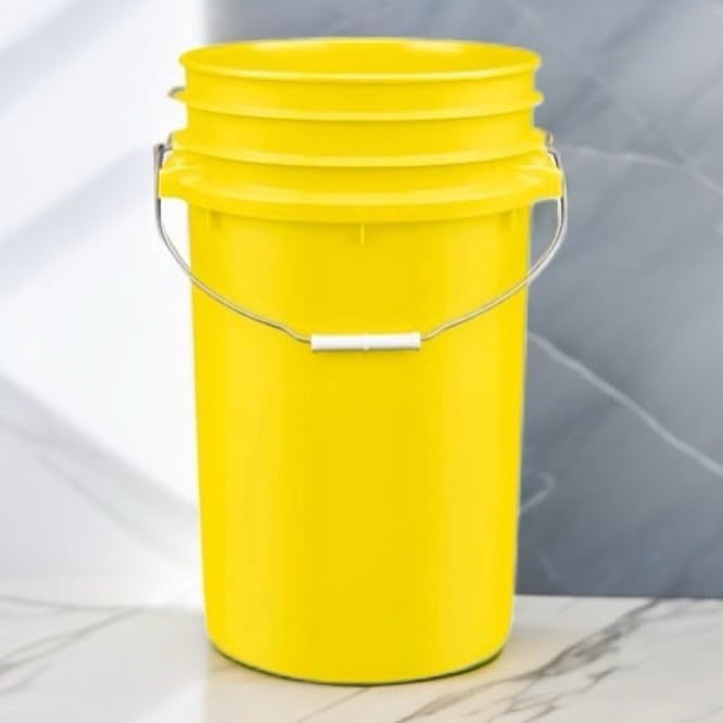 House Naturals Plastic Food Grade Made in USA Bucket with lid, Large 7 Gallon Container Comes with Screw On Lid (1, Yellow with Black lid)