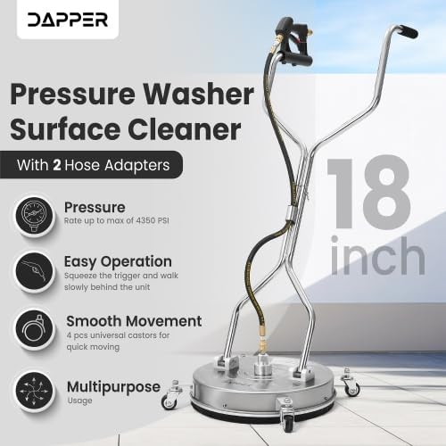 18 in. Pressure Washer Surface Cleaner in Stainless Steel w/Handles & Wheels, 4350 Max PSI, 3/8" Connector & 2 Adapters Ideal for Driveways, Sidewalks, Patios, Decks