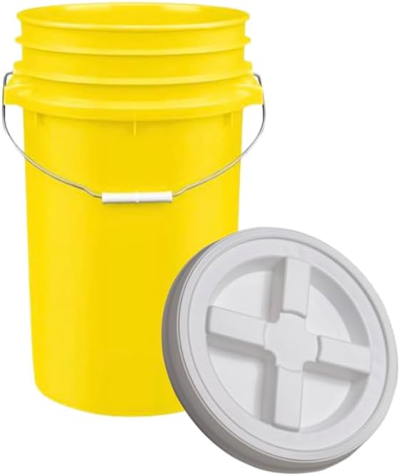 House Naturals Plastic Food Grade Made in USA Bucket with lid, Large 7 Gallon Container Comes with Screw On Lid (1, Yellow with White lid)