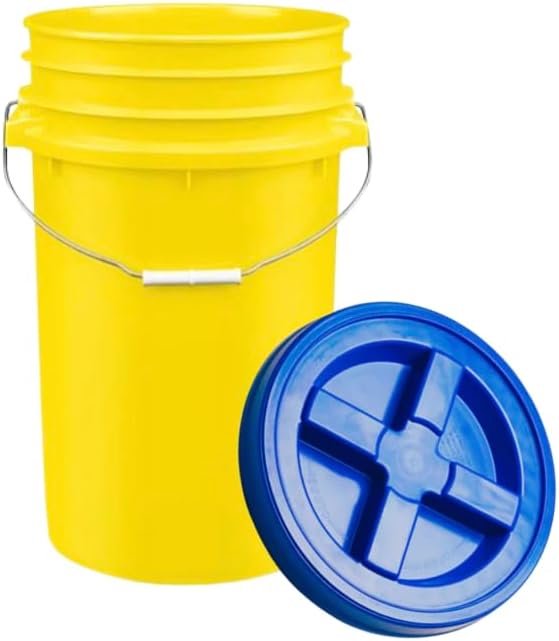 House Naturals Plastic Food Grade Made in USA Bucket with lid, Large 7 Gallon Container Comes with Screw On Lid (1, Yellow with Blue lid)