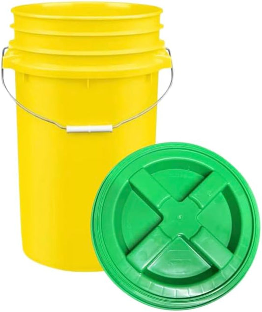 House Naturals Plastic Food Grade Made in USA Bucket with lid, Large 7 Gallon Container Comes with Screw On Lid (1, Yellow with Green lid)