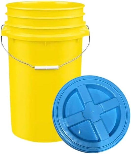 House Naturals Plastic Food Grade Made in USA Bucket with lid, Large 7 Gallon Container Comes with Screw On Lid (1, Yellow with Aqua lid)