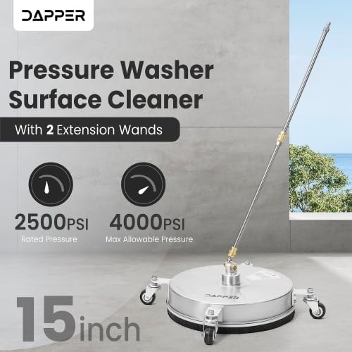 15 in. Pressure Washer Surface Cleaner in Stainless Steel w/Wheels, 4000 Max PSI, 3/8" Connector & 2 Extension Wands. Ideal for Driveways, Sidewalks, Patios, Decks