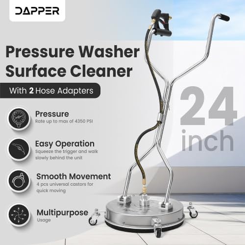 24 in. Pressure Washer Surface Cleaner in Stainless Steel w/Handles & Wheels, 4350 Max PSI, 3/8" Connector & 2 Adapters Ideal for Driveways, Sidewalks, Patios, Decks