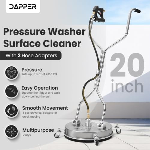 20 in. Pressure Washer Surface Cleaner in Stainless Steel w/Handles & Wheels, 4350 Max PSI, 3/8" Connector & 2 Adapters Ideal for Driveways, Sidewalks, Patios, Decks
