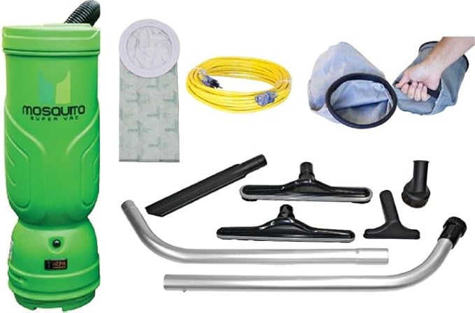 Mosquito-America Super Vac Backpack Vacuum with HEPA Filtration (Model 10-1011-MG) - 10-Quart Capacity/Green/Smooth Glide Tool Kit Included. Great for Commercial or Residential Applications!
