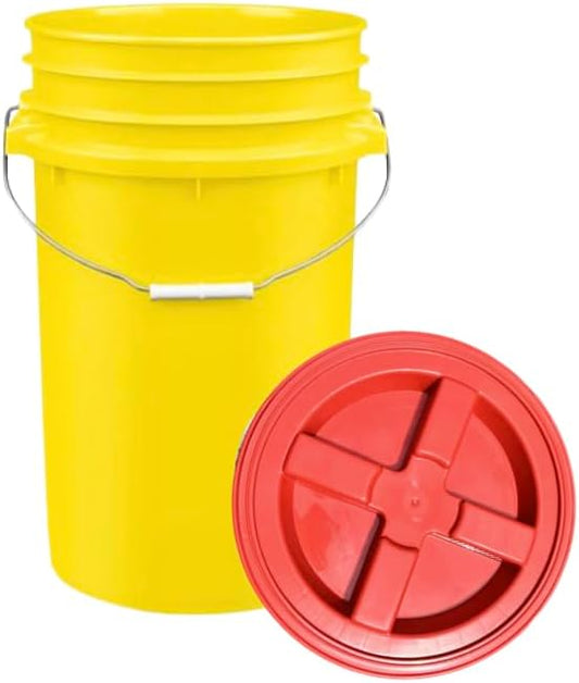House Naturals Plastic Food Grade Made in USA Bucket with lid, Large 7 Gallon Container Comes with Screw On Lid (1, Yellow with Red lid)