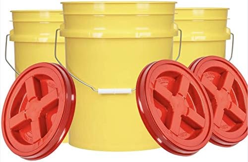 House Naturals 5 Gal Food Grade, BPA Free, Made in USA Yellow Bucket Pail with Screw on Airtight lid, (Pack of 3)