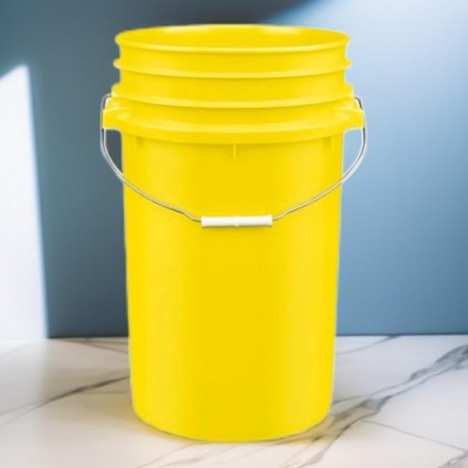 House Naturals Plastic Food Grade Made in USA Bucket with lid, Large 7 Gallon Container Comes with Screw On Lid (2, Yellow with Blue lid)