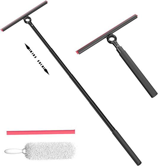 Shower Squeegee for Glass Doors, Window Squeegee for Home,Squeegee with Telescopic Extension Pole,Professional Window Cleaning Tool, Black, for Mirror, Glass, Ceramic Tile