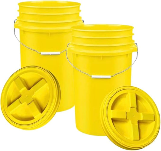 House Naturals Plastic Food Grade Made in USA Bucket with lid, Large 7 Gallon Container Comes with Screw On Lid (2, Yellow with Yellow lid)