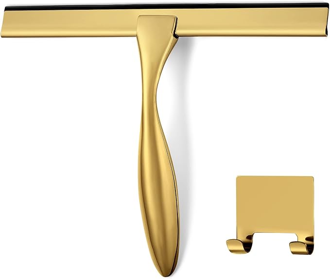 HIWARE All-Purpose Shower Squeegee for Shower Doors, Bathroom, Window and Car Glass - Brass, Stainless Steel, 12 Inches