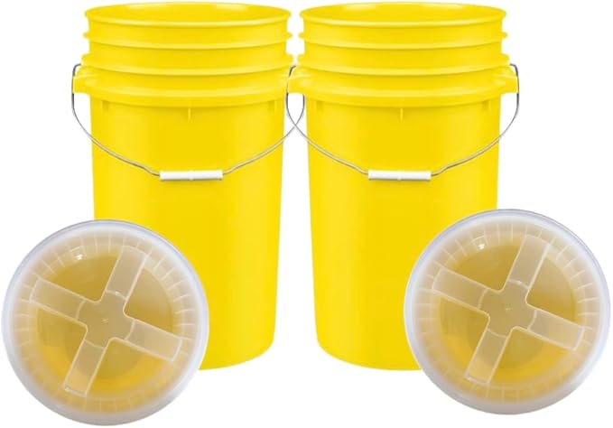 House Naturals Plastic Food Grade Made in USA Bucket with lid, Large 7 Gallon Container Comes with Screw On Lid (2, Yellow with Clear lid)