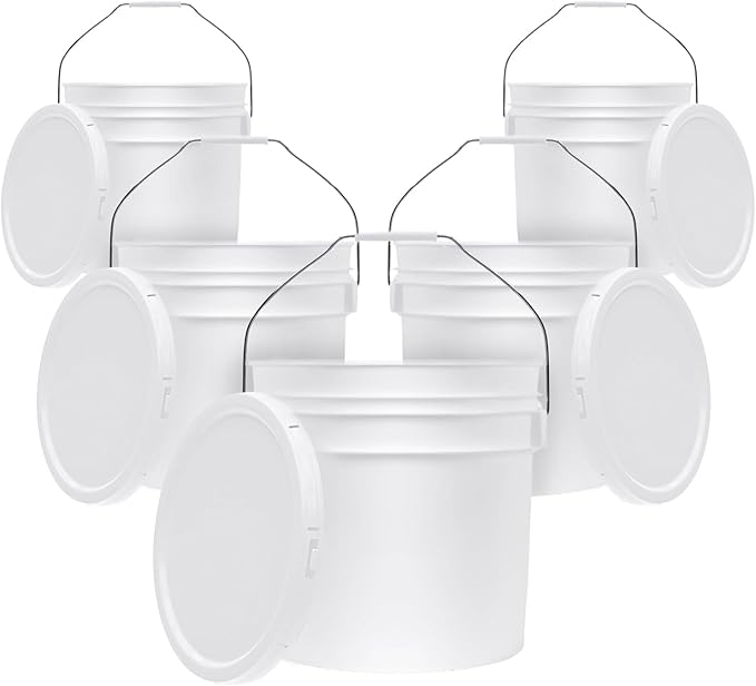 3.5-Gallon White Bucket Pail Container with Lid | Food Grade | Heavy-Duty 90MIL Extra Durable | Metal Handles with Plastic Grip for Easy Carrying | Multi-Use | Easy Stack and Store | BPA Free - 5 Pack