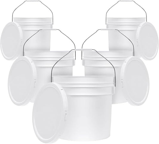 3.5-Gallon White Bucket Pail Container with Lid | Food Grade | Heavy-Duty 90MIL Extra Durable | Metal Handles with Plastic Grip for Easy Carrying | Multi-Use | Easy Stack and Store | BPA Free - 5 Pack