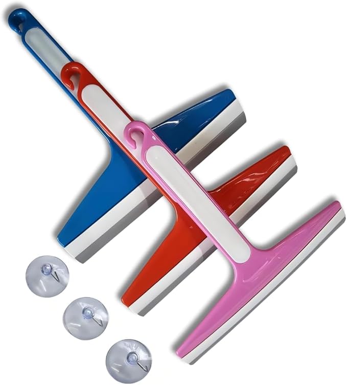 Shower Squeegee for Glass Doors, Sticking Hook, Cleaner for Bathroom, Multi-Purpose Rubber Squeegee for Shower, Glass Window Wiper, Car Windshield, Mirror, Kitchen Sink,7.5,inch, 3 Color (Set of3)