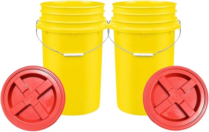 House Naturals Plastic Food Grade Made in USA Bucket with lid, Large 7 Gallon Container Comes with Screw On Lid (2, Yellow with Red lid)