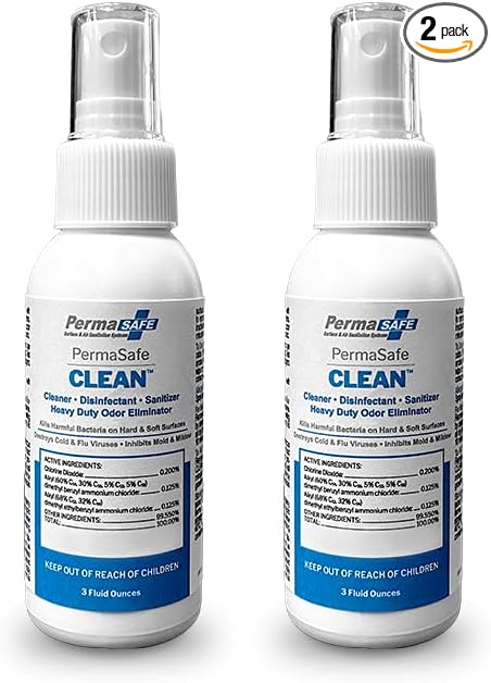 PermaSafe CLEAN 1-Step Disinfectant, Deodorizer & All-Purpose Cleaner; Soft, Hard & Food Surface Sanitizer; Kills 99.9% of Bacteria, Viruses, Molds - Child, Pet, Planet & All Surface Safe (3oz 2-pk)