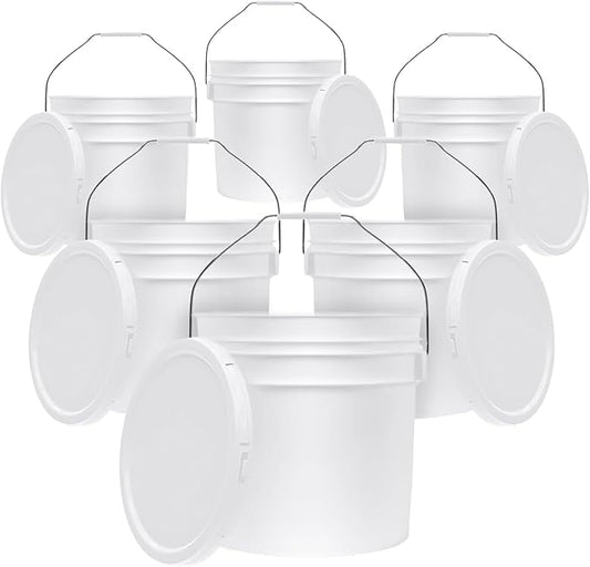 3.5-Gallon White Bucket Pail Container with Lid | Food Grade | Heavy-Duty 90MIL Extra Durable | Metal Handles with Plastic Grip for Easy Carrying | Multi-Use | Easy Stack and Store | BPA Free - 6 Pack