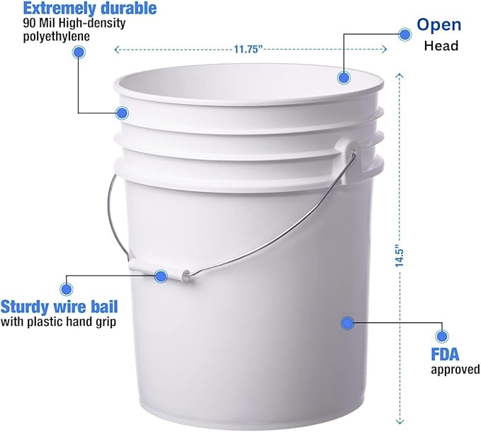 5 Gallon Food Grade Plastic Bucket, Open Head Pail with Handle, 12-3/8 in Diameter x 14-3/4 in Height (White, 2 Pack)