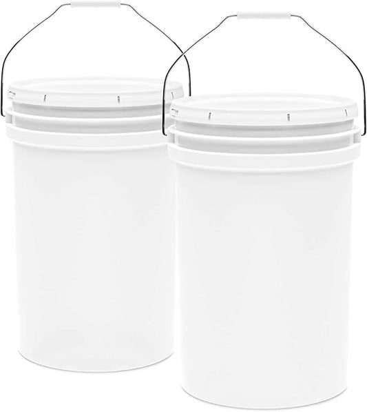6.5-Gallon White Bucket Pail Container with Lid | Food Grade | Heavy-Duty 90MIL Extra Durable | Metal Handles with Plastic Grip for Easy Carrying | Multi-Use | Easy Stack and Store | BPA Free - 2 Pack